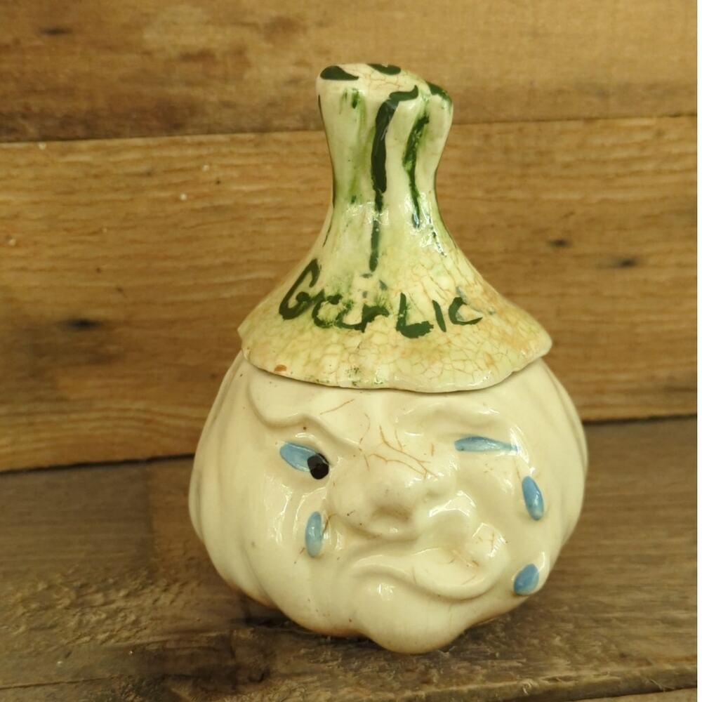 Vintage 1950s Ceramic Anthropomorphic Crying Garlic Keeper with Lid